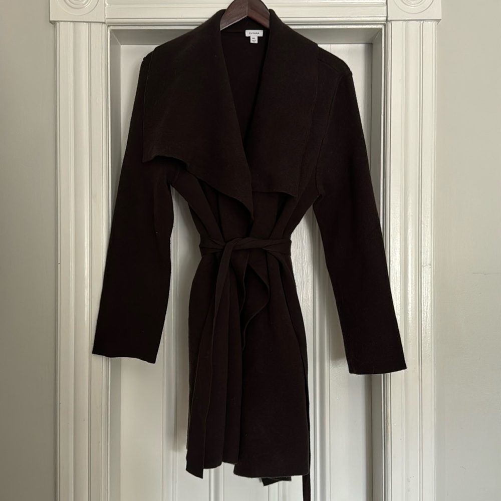 Cuyana cashmere wrap sweater coat in dark espresso brown, size M/L